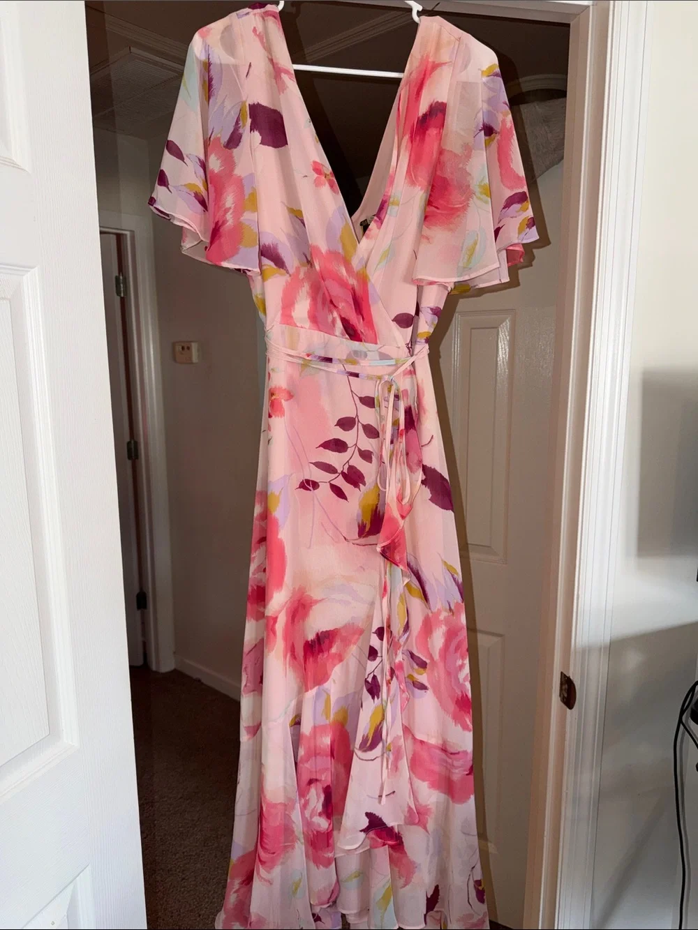 Taylor Pink Floral Wrap Maxi Dress with Flutter Sleeves